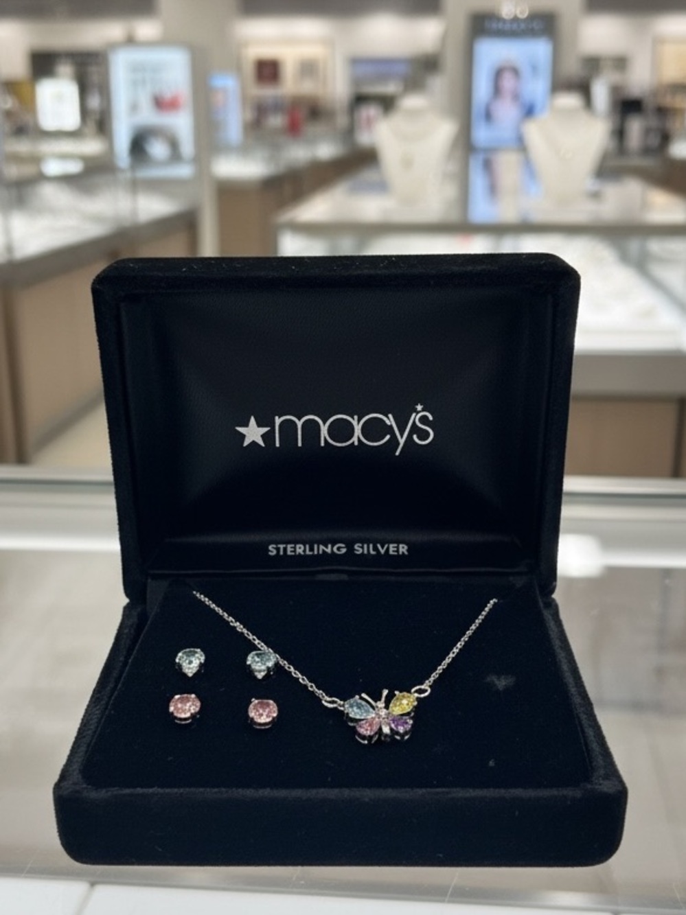 Macy's Sterling Silver Multistone Butterfly Necklace w/ Stud Earrings ( MRSP $60